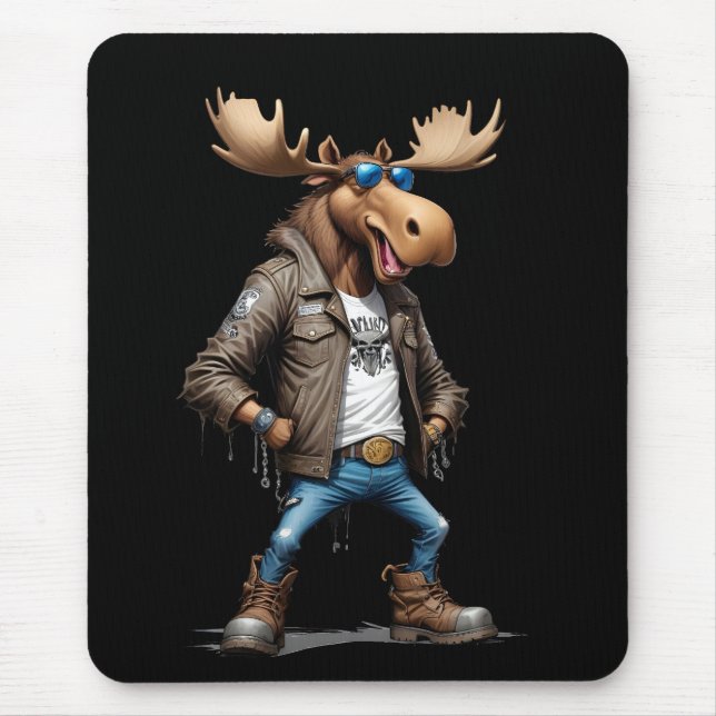 Moose Biker Rebel in Leather Jacket Cool Style Art Mouse Pad (Front)
