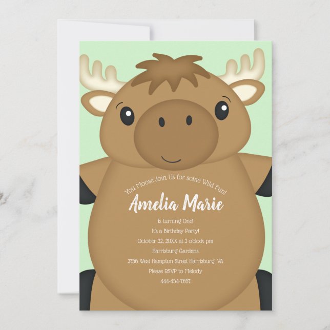 Moose Birthday Party Green Invitation (Front)