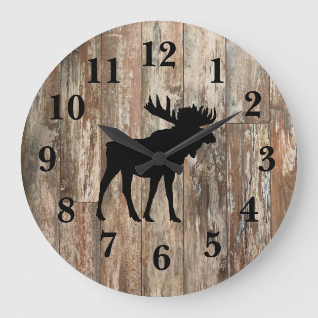 Moose Black Silhouette Shiplap Rustic Decor Large  Clock (Front)