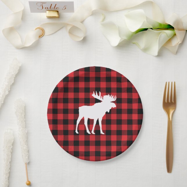 Moose Buffalo Check Wilderness Cabin Paper Plate (Wedding)