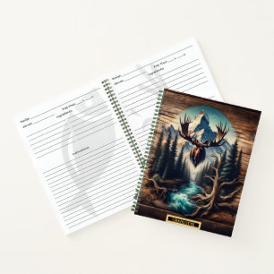 Moose by a calm mountain river notebook