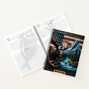 Moose by a calm river and mountains notebook