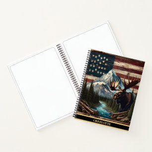 Moose by a river in a patriotic scene notebook