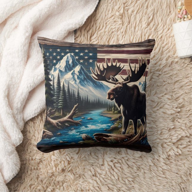 Moose by Lake With Mountain and Flag Background Cushion (Blanket)