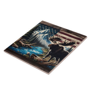 Moose by Lake With Mountain and Flag Background Tile