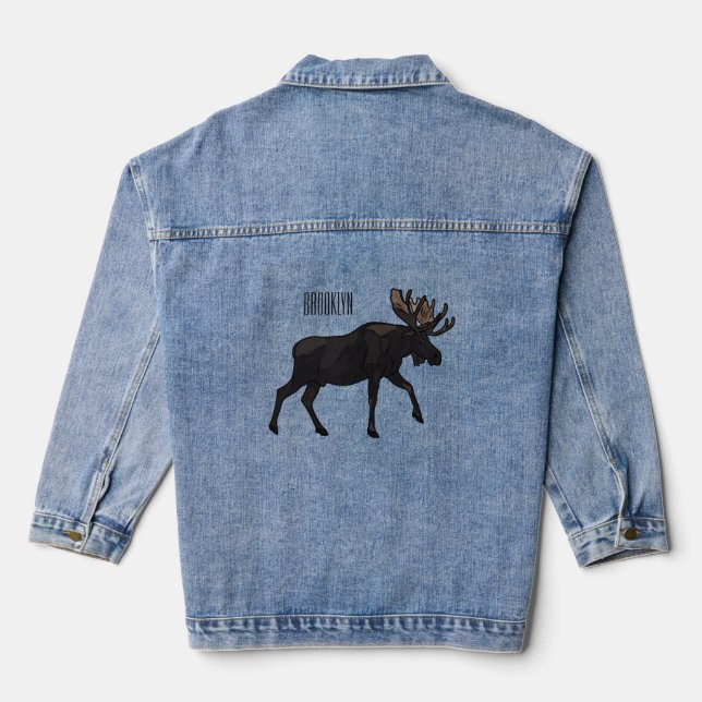 Moose cartoon illustration denim jacket (Back)
