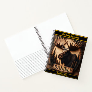 Moose carving amid forest shadows notebook