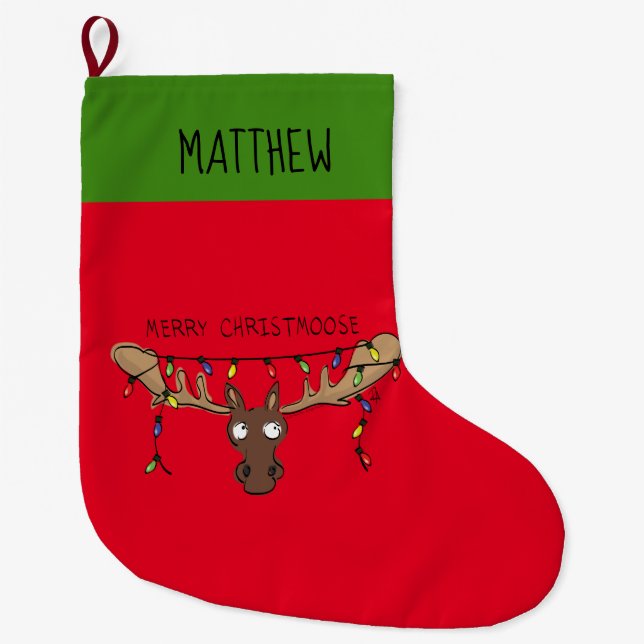 Moose Christmas Funny Cartoon Kids Large Christmas Stocking (Front)
