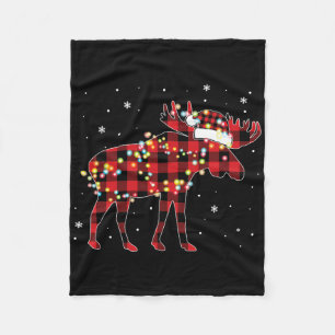 Moose Christmas Red Plaid Buffalo Pajama Matching Fleece Blanket