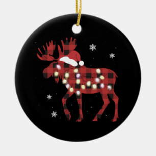 Moose Christmas Red Plaid Buffalo Xmas Santa Hat Ceramic Tree Decoration