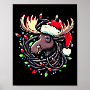 Moose Christmas Santa Hat Lights Moose For Kids Wo Poster