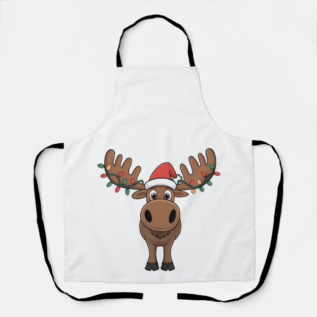 Moose Christmas Tree Lights Funny Xmas Moose Lover Apron (Front)