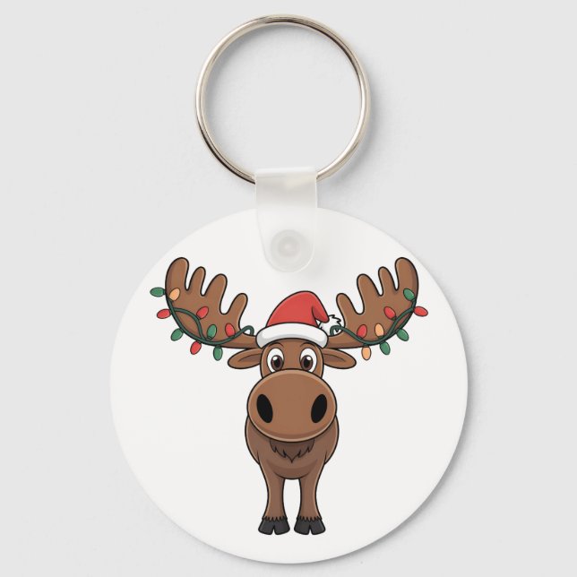 Moose Christmas Tree Lights Funny Xmas Moose Lover Key Ring (Front)