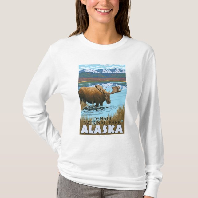 Moose Drinking at Lake - Denali National Park, T-Shirt (Front)