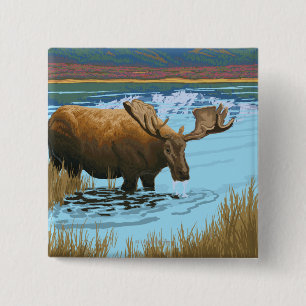 Moose Drinking at Lake - Glacier National Park, 15 Cm Square Badge