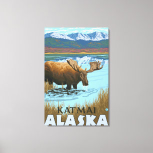 Moose Drinking at Lake - Katmai, Alaska Canvas Print