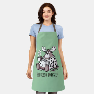 Moose Drinking Coffee in a Polka Dot Robe Apron