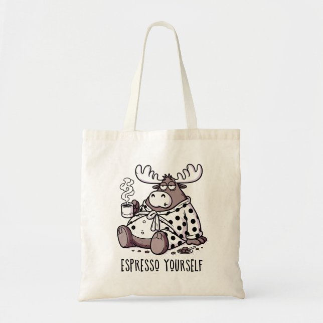 Moose Drinking Coffee in a Polka Dot Robe Tote Bag (Front)
