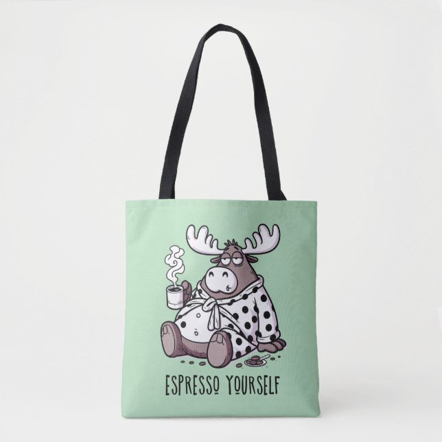 Moose Drinking Coffee in a Polka Dot Robe Tote Bag (Front)