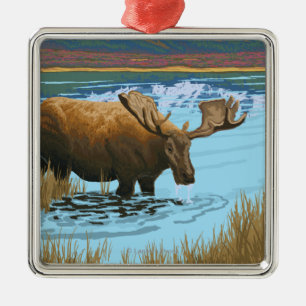 Moose Drinking Water Vintage Travel Poster Metal Tree Decoration