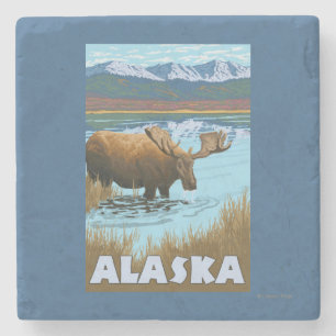 Moose Drinking Water Vintage Travel Poster Stone Coaster