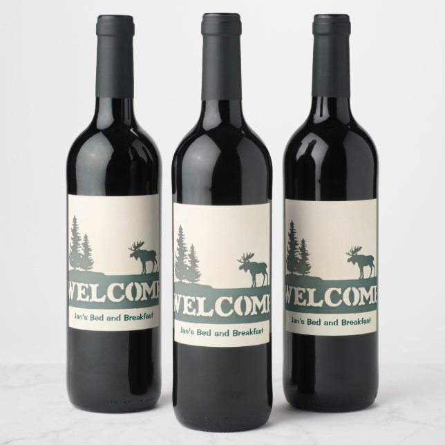 Moose Evergreen Trees Welcome Custom Wine Label (Bottles)