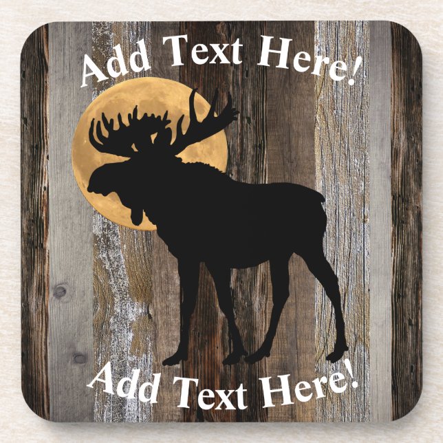 Moose Full Moon Rustic Barn Board Rustic Wood Coaster (Front)