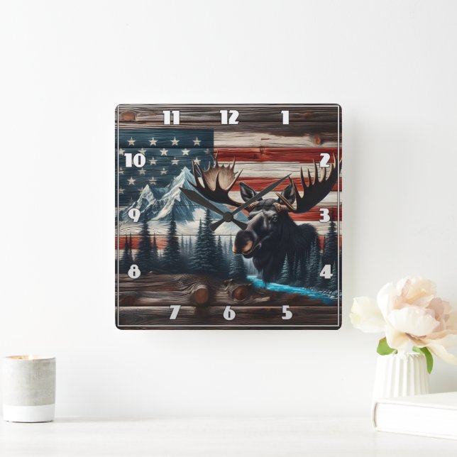 Moose Head Against American Flag and Mountains Square Wall Clock (Home)