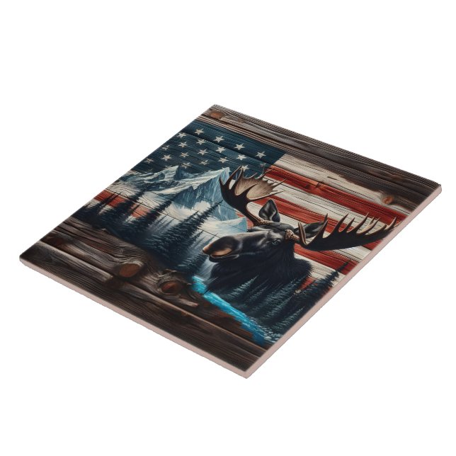 Moose Head Against American Flag and Mountains Tile (Side)