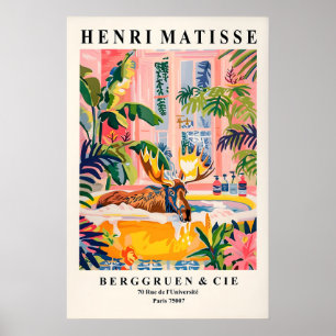 Moose in Bathtub Art Print Pink Tropical Bathroom