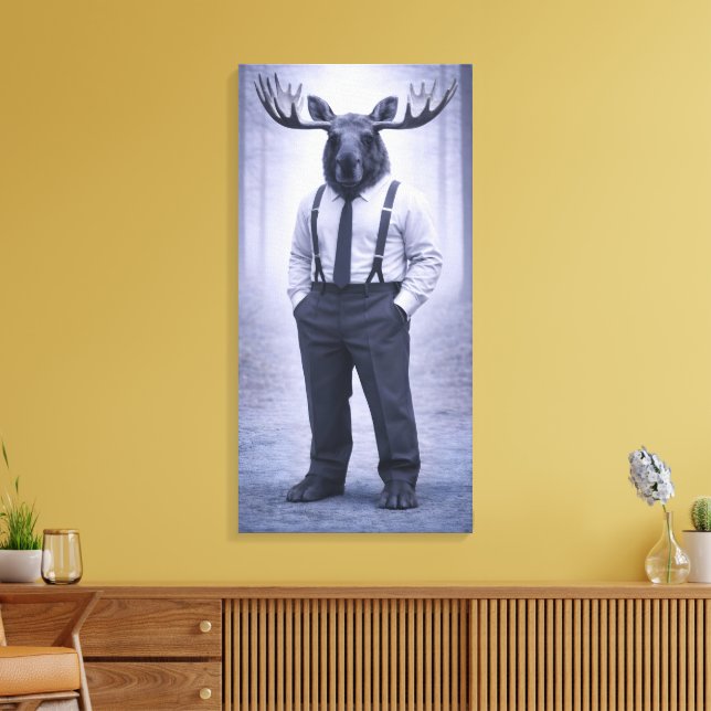 Moose in Classic Suspenders – Silent Forest Portra Canvas Print (Insitu(LivingRoom))