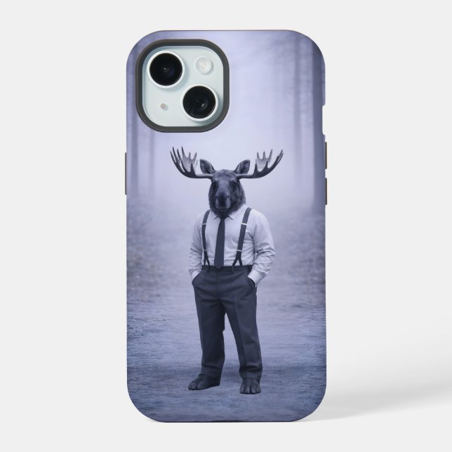 Moose in Classic Suspenders – Silent Forest Portra iPhone 15 Case (Back)