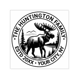 Moose in Forest Landscape Family Name Estd Date Self-inking Stamp