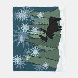 Moose in Silent Snowy Night Fleece Blanket