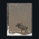 Moose in Snow<br><div class="desc">Vintage John Bauer artwork depicting a moose standing in the snow between two trees.</div>
