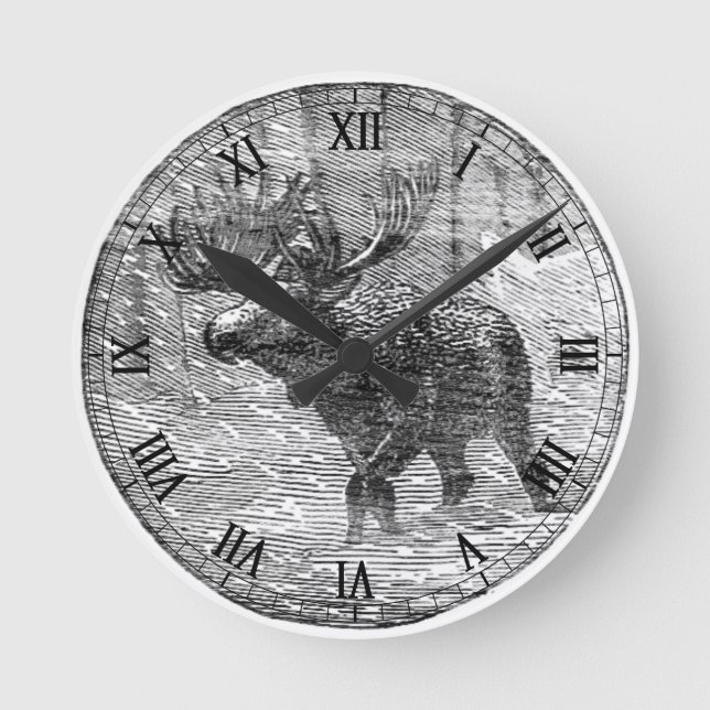 Moose in Snow Emblem Round Clock (Front)