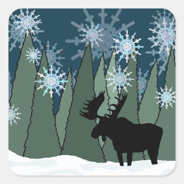 Moose in Snowflake Forest Square Sticker (Front)