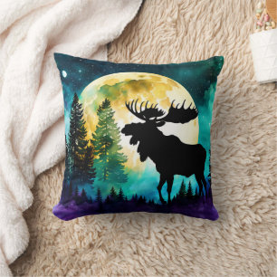 Moose in the forest Full moon  Cushion