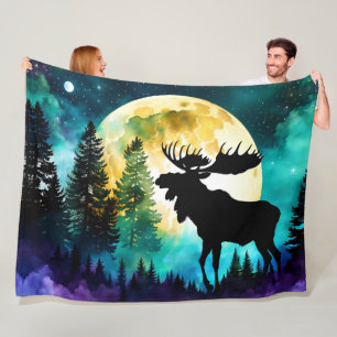 Moose in the forest Full moon Fleece Blanket