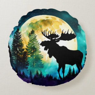Moose in the forest Full moon  Round Cushion