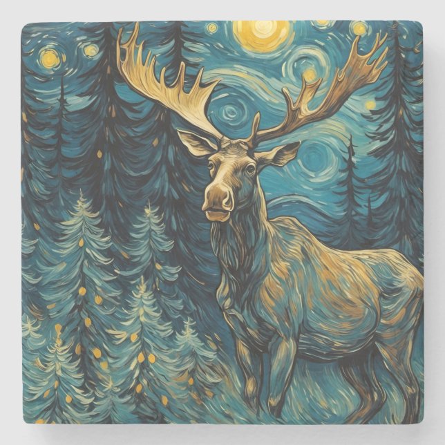 Moose in the Pine Forest Van Gogh Stone Coaster (Front)