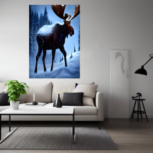 Moose in the snow AI Art Poster