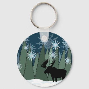 Moose in the Snowy Forest Key Ring