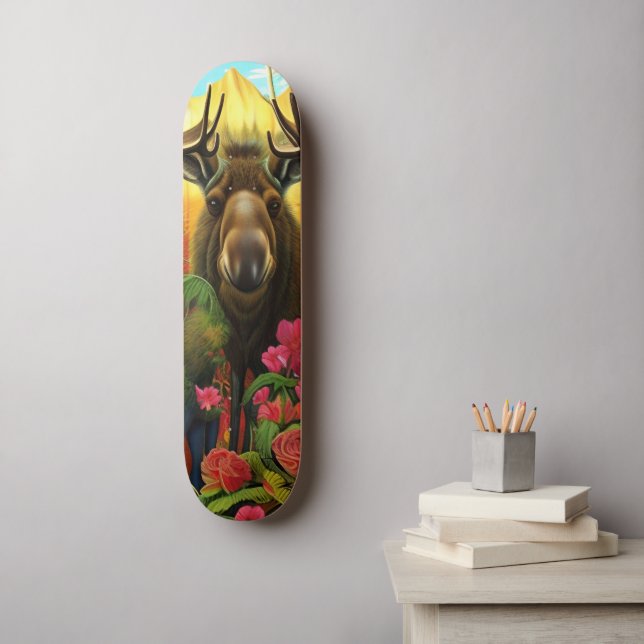 Moose in the woods with flowers AI Art  Skateboard (Wall Art)