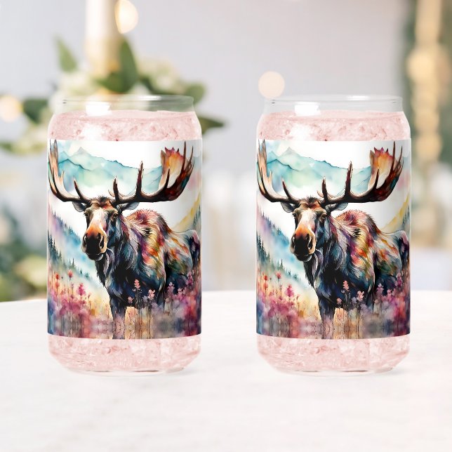 Moose in Wildflowers watercolor Can Glass (Insitu (Wedding))