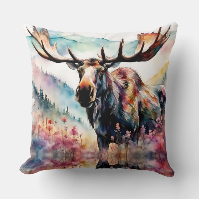 Moose in Wildflowers watercolor Cushion (Front)