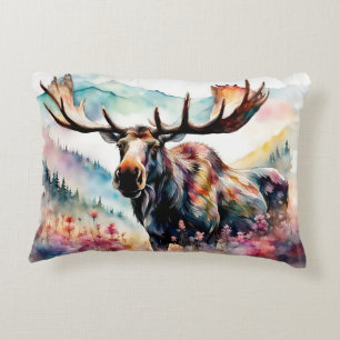 Moose in Wildflowers watercolor Decorative Cushion