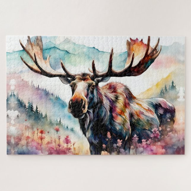 Moose in Wildflowers watercolor Jigsaw Puzzle (Horizontal)