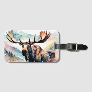 Moose in Wildflowers watercolor Luggage Tag