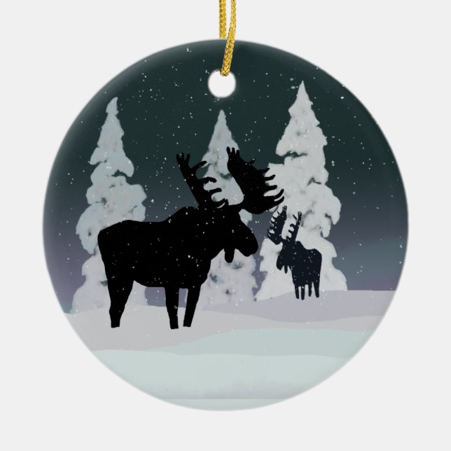 Moose in Winter Snow Ceramic Tree Decoration (Front)